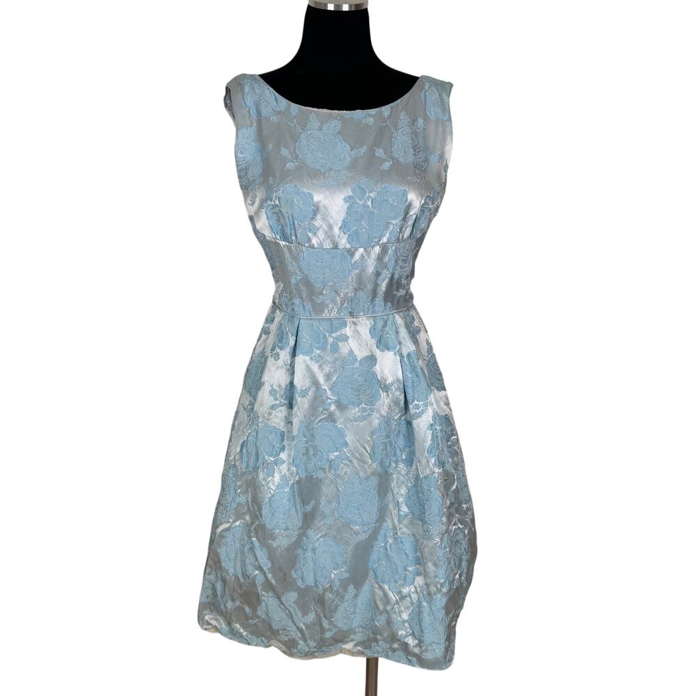 Vintage 1950s Carol Brent Blue Brocade Party Dress TLC Floral Damask Costume M